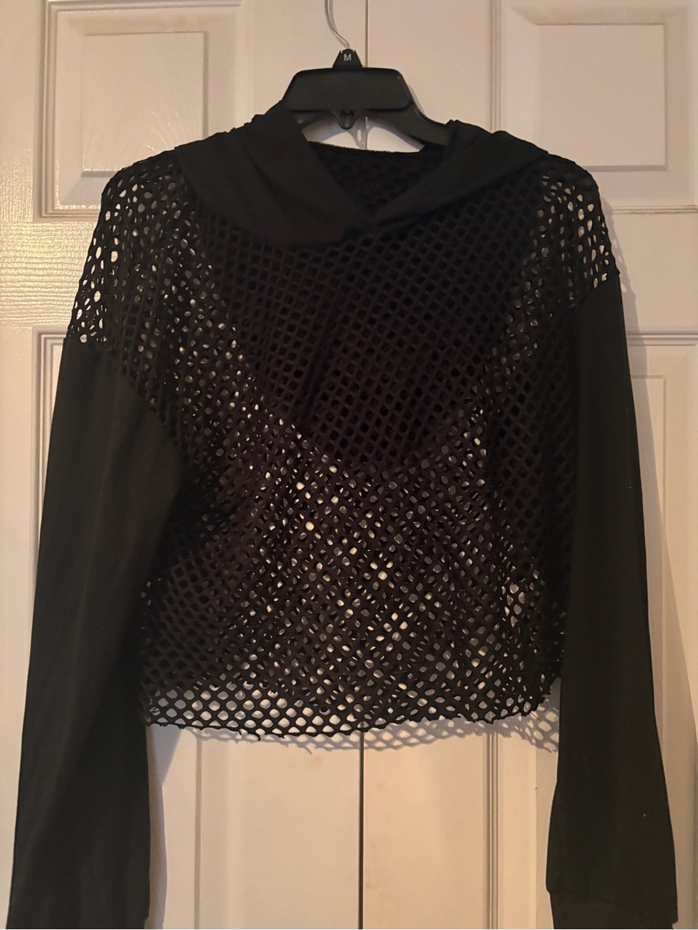 Black Mesh Hooded Long Sleeve Top